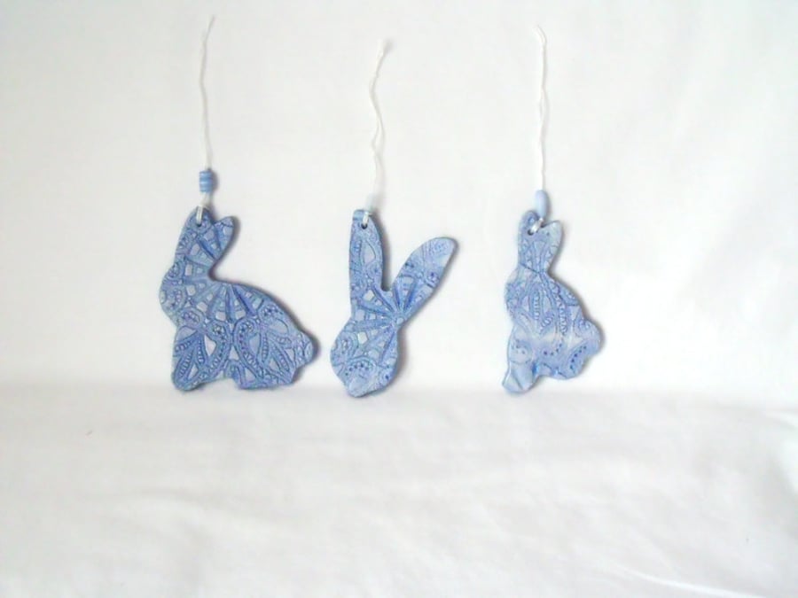 set of three easter bunny ceramic decorative hangers in blue