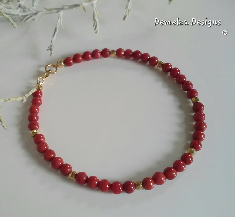 Dainty Eco Reclaimed Red Bamboo Coral Skinny Gold Vermeil Stacker Bracelet