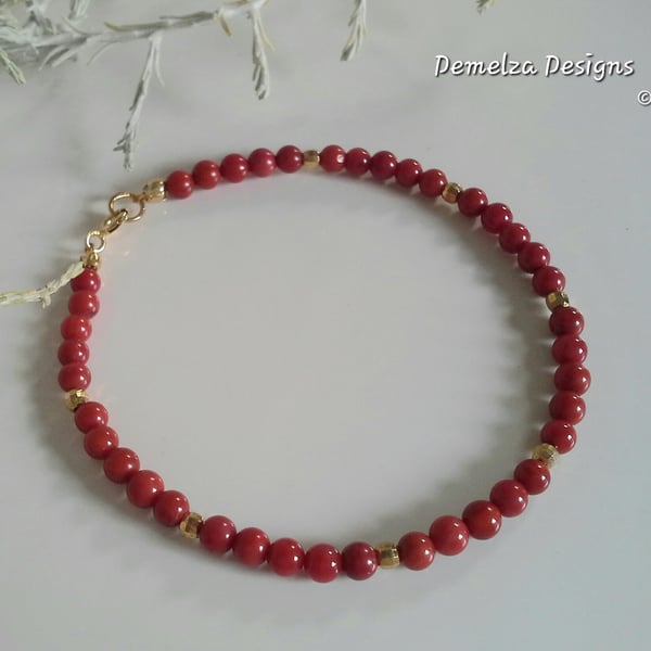 Dainty Eco Reclaimed Red Bamboo Coral Skinny Gold Vermeil Stacker Bracelet