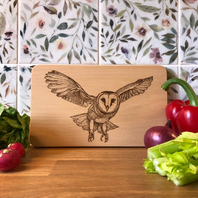 Small beech wooden barn owl chopping board laser engraved with original artwork