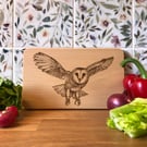 Small beech wooden barn owl chopping board laser engraved with original artwork