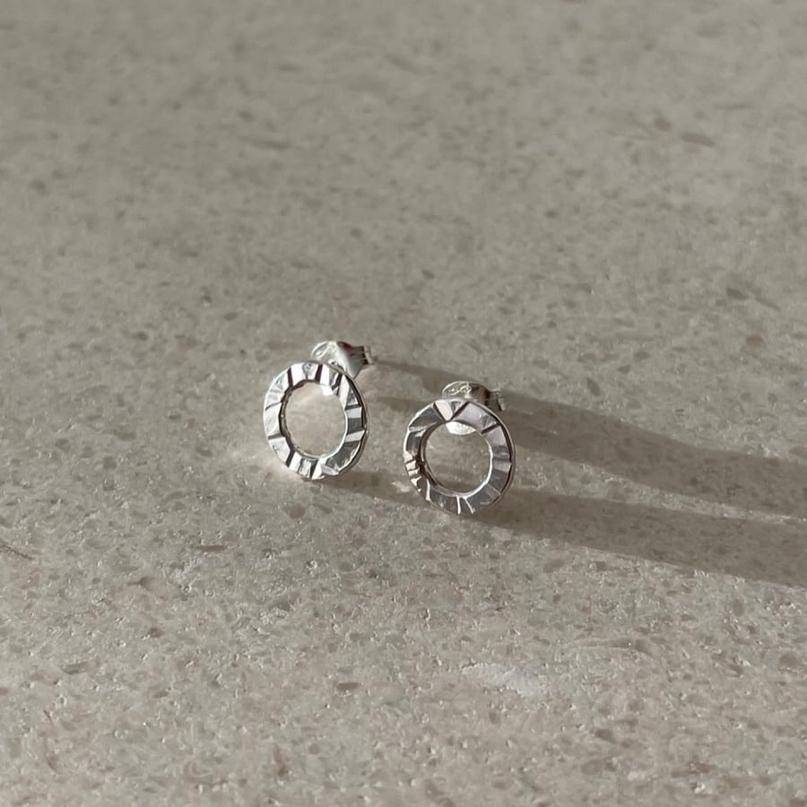 Small Circle Studs - Sterling Silver Sparkly Hammered Texture - Aurora Studs 