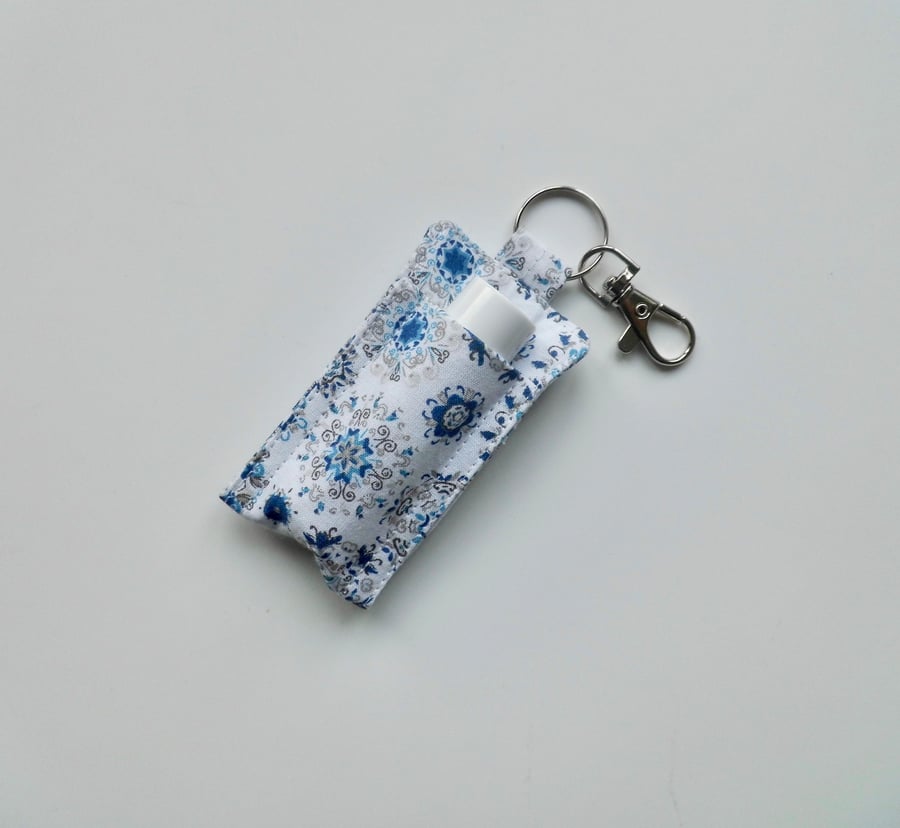 Key ring lip balm holder in blue and white fabric keyring 