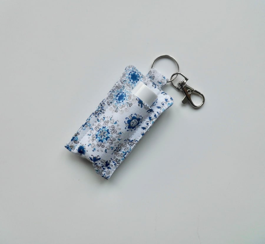 SOLD Key ring lip balm holder in blue and white fabric keyring 