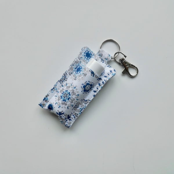 Key ring lip balm holder in blue and white fabric keyring 