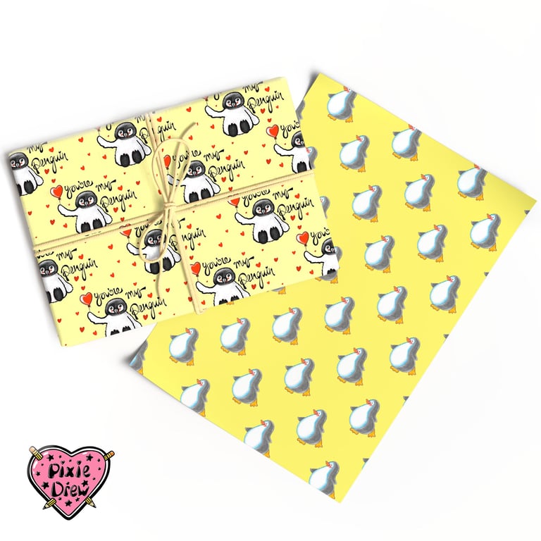 Penguin wrapping paper with a little penguin chick