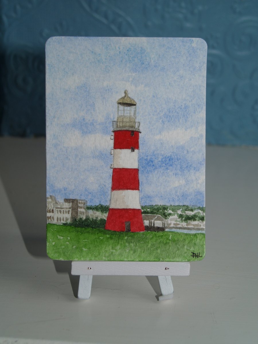 ACEO Original Smeaton's Tower lighthouse, Plymouth Hoe