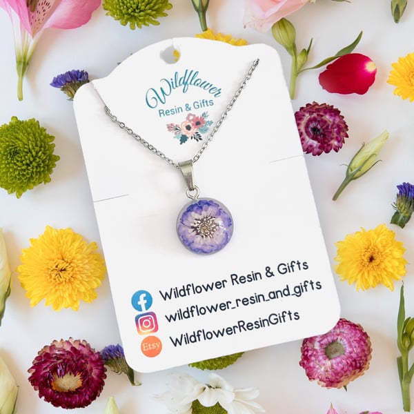 Purple flower pendant, real flower necklace, real flower jewellery
