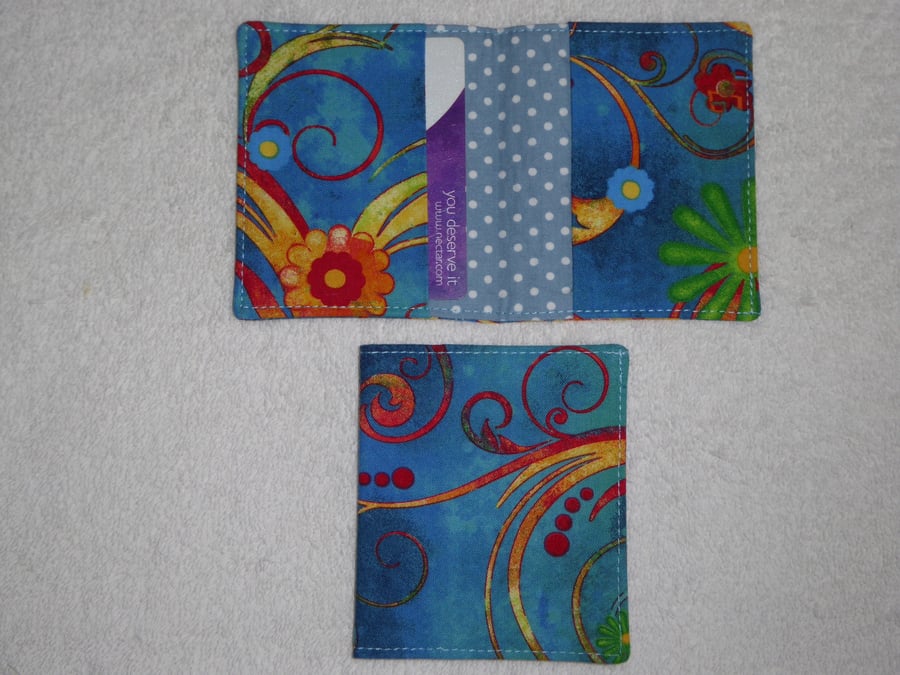 Flip Card Wallet.Flowers on Blue Print Fabric