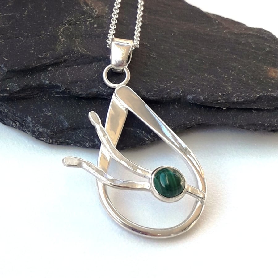 Malachite raindrop pendant with branches hallmarked sterling silver