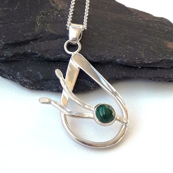 Silver raindrop pendant with Malachite and branches hallmarked