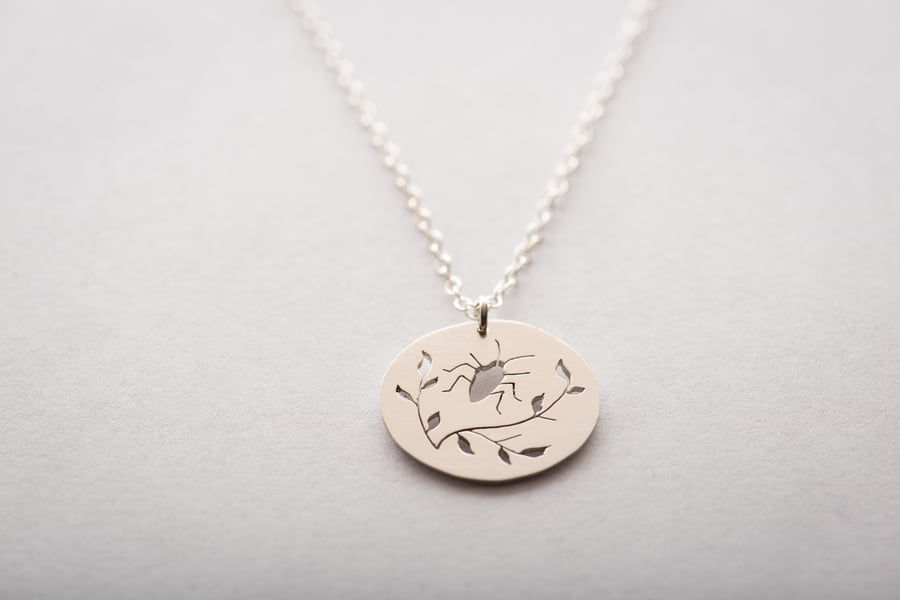 Sterling Silver Beetle and Branch Necklace 