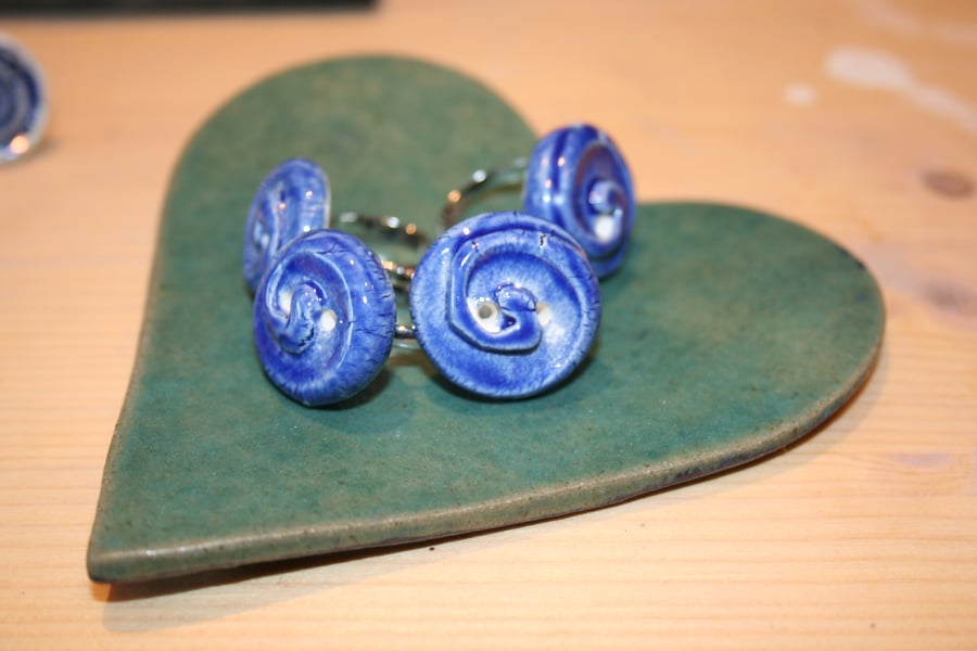 Handmade ceramic blue button ring mothers day gift