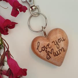 Mum keyring, pyrography Love you Mum heart, Mothers Day gift