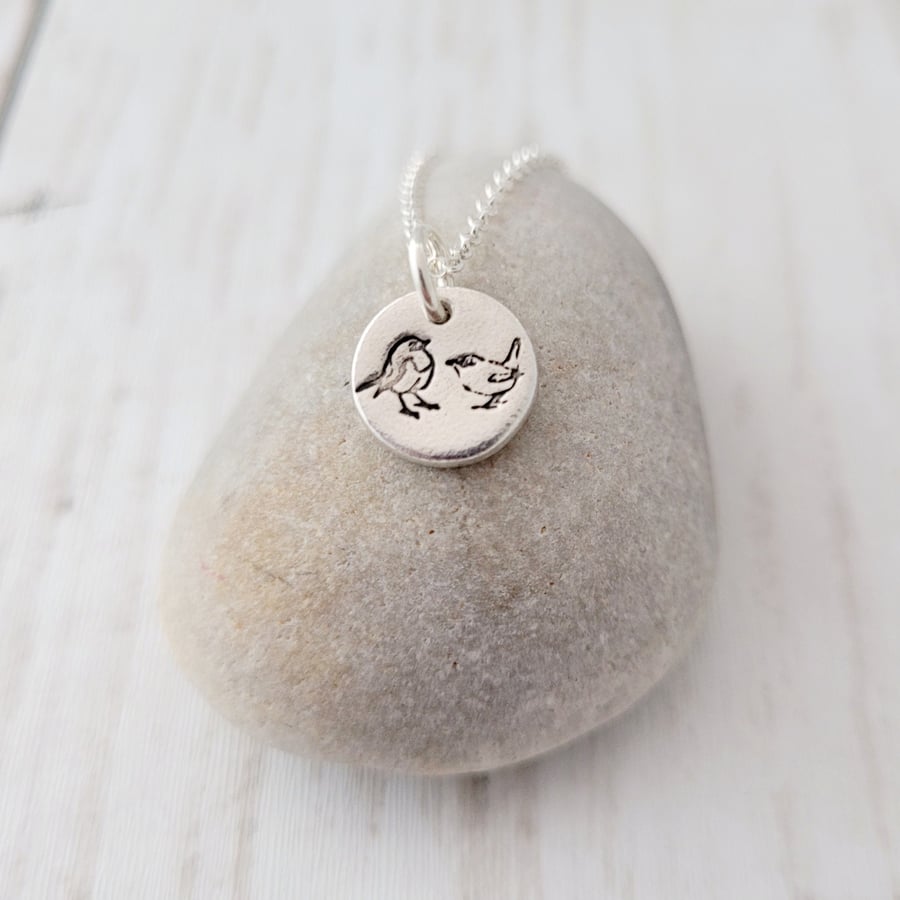 Tiny Bird Robin and Wren Necklace Sterling Silver