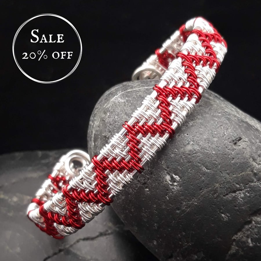 SALE - Wire Woven Zigzag Cuff Bracelet - Red & Silver