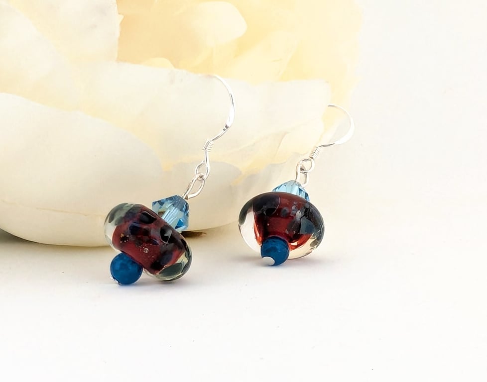 Handmade Art Glass Dangle Earrings: Swarovski Crystals, Sterling Silver Earwires