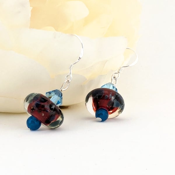Handmade Art Glass Dangle Earrings: Swarovski Crystals, Sterling Silver Earwires