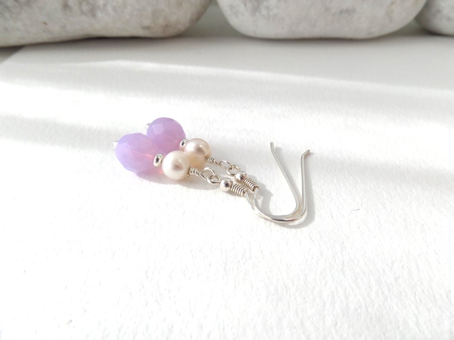 Pearl and Lilac Silver Earrings, Sterling Silver Earrings