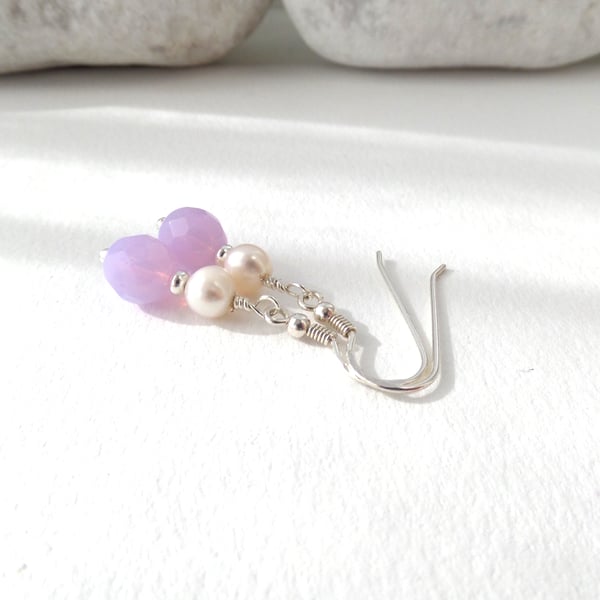 Pearl and Lilac Silver Earrings, Sterling Silver Earrings