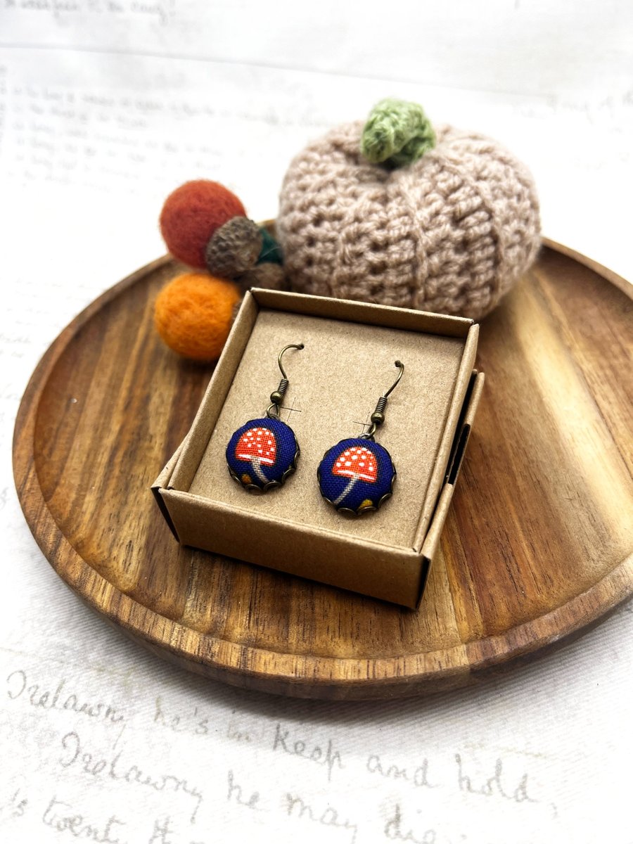 Red Toadstool Dangle Earrings, Handmade Fabric Woodland Jewellery, Gift for Her
