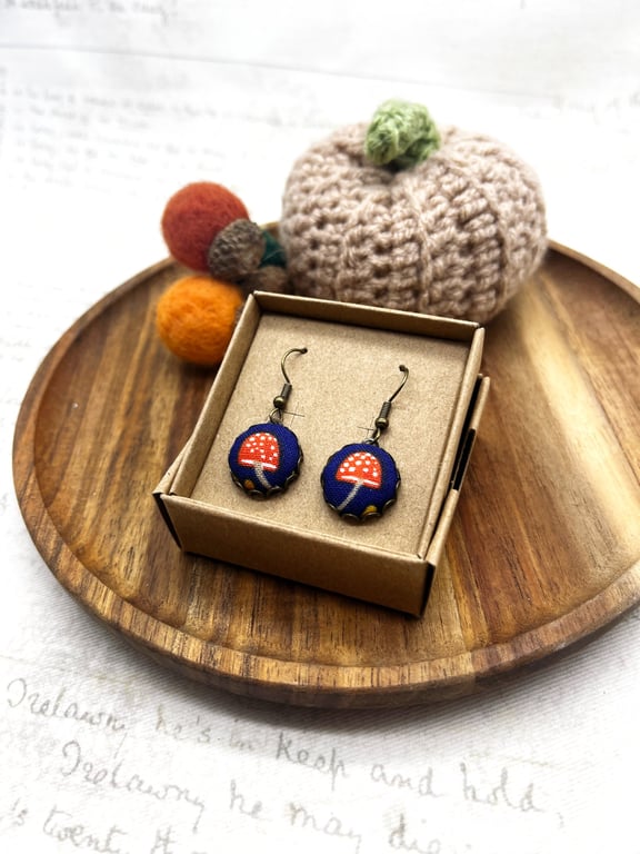 Red Toadstool Dangle Earrings, Handmade Fabric Woodland Jewellery, Gift for Her