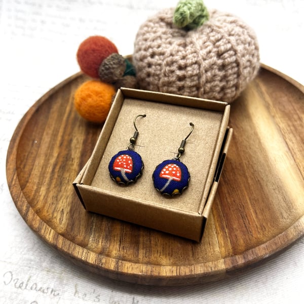 Red Toadstool Dangle Earrings, Handmade Fabric Woodland Jewellery, Gift for Her