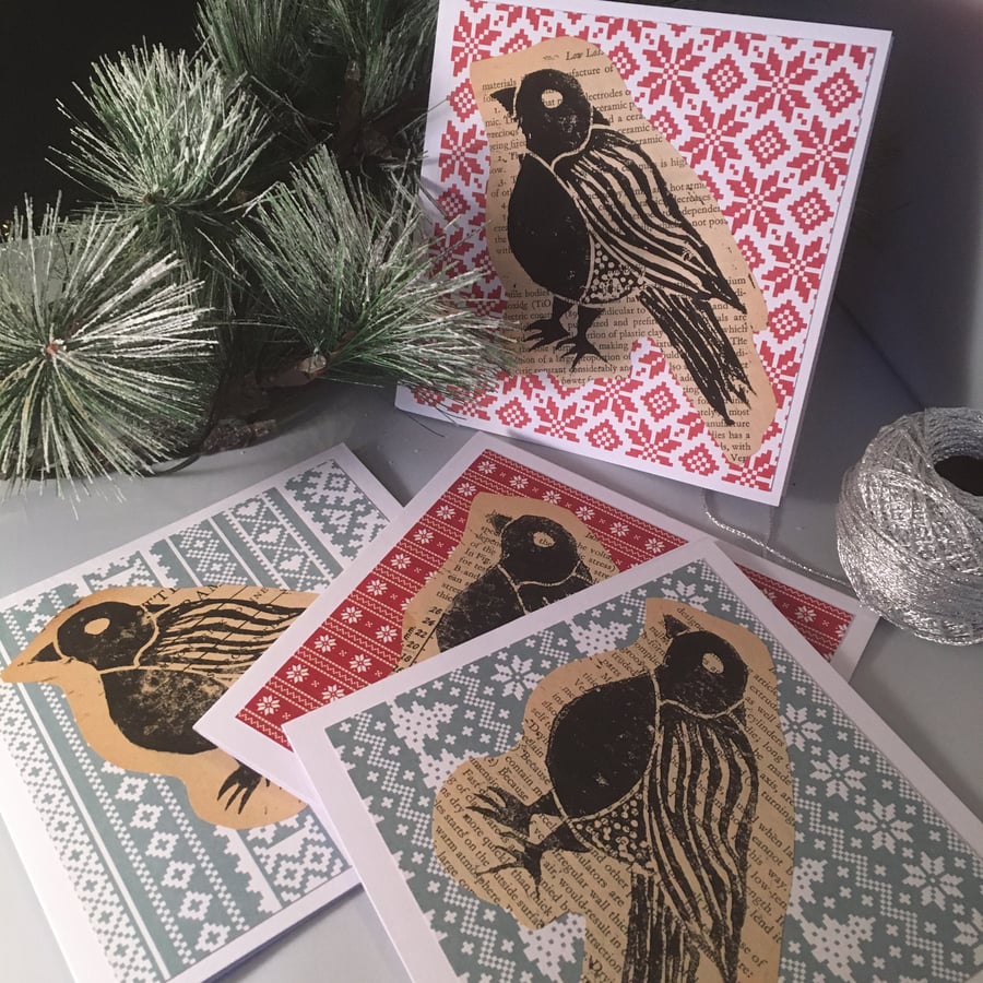 3 x Robin Christmas Card, handprinted on vintage book paper