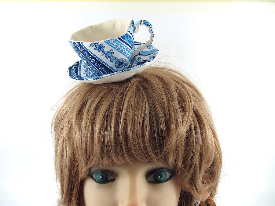 Teacup Hat Fascinator Hair Clip - Blue White  - Alice in Wonderland 