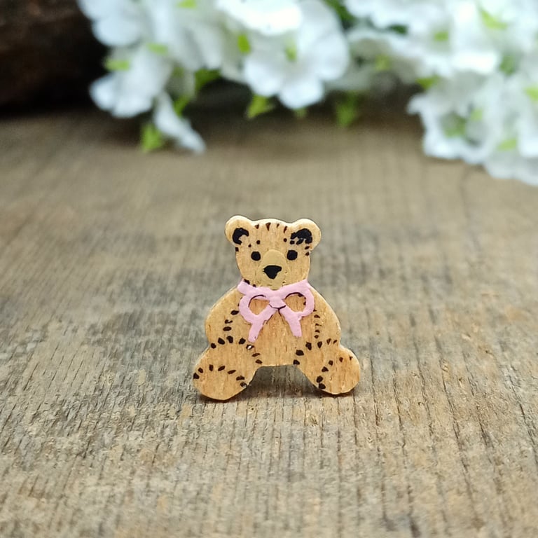 Tiny Pink Ribbon Bear Pin, Handmade Teddy Badge, Cute Little Baby Bear Gift