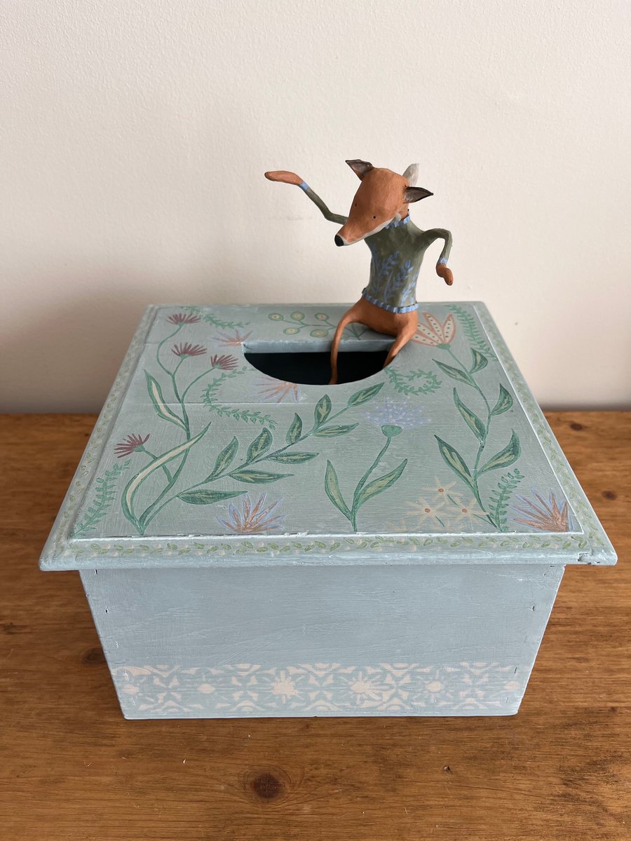 Hand painted wooden box in folk art style with paper mache fox