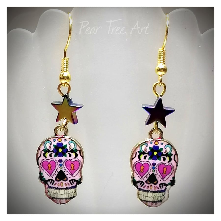  Pink Sugar Skull Earrings with Star Beads