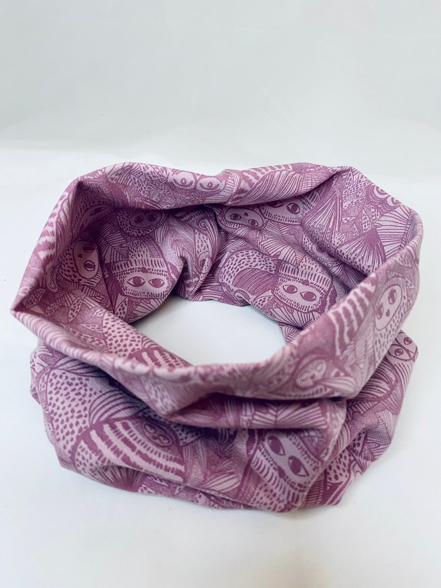 Dusky Pink organic cotton Snood with Owl pattern