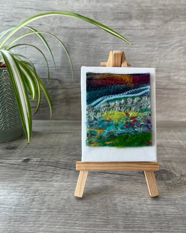 Miniature Needle Felted Embroidered Landscape on Easel 