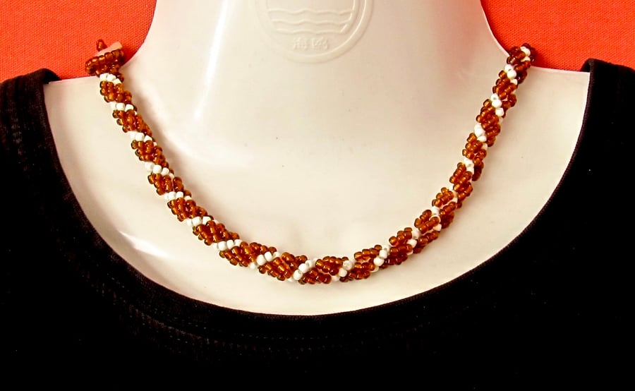 Slimline Choker: Amber Coloured & White Seed Beads in a Spiral Weave