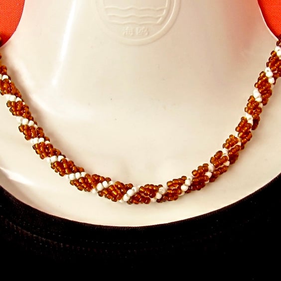 Slimline Choker: Amber Coloured & White Seed Beads in a Spiral Weave