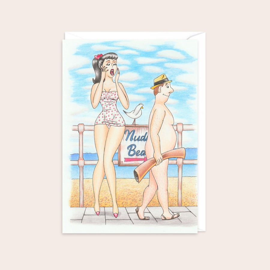 Nudist Beach Greetings Card: Hand Drawn Postcard Style Artwork (802)