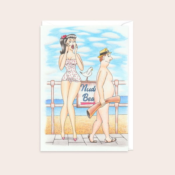 Nudist Beach Greetings Card: Hand Drawn Postcard Style Artwork (802)