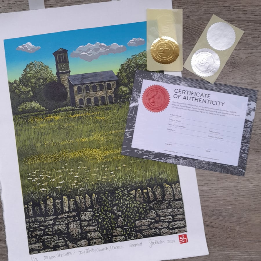 Reduction Linoprint – Do you like butter? Holy Trinity Church, Dobcross