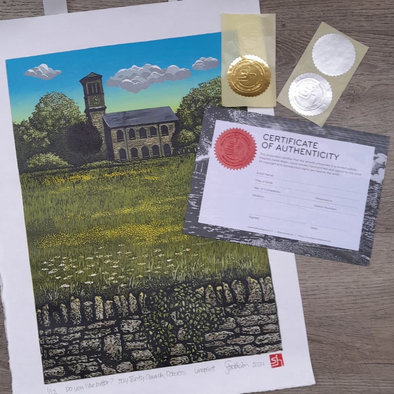 Reduction Linoprint – Do you like butter? Holy Trinity Church, Dobcross