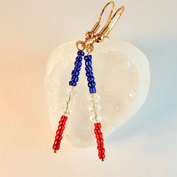 Red, White & Blue Coronation Earrings - Sparkly Glass And Gold Plated Wires