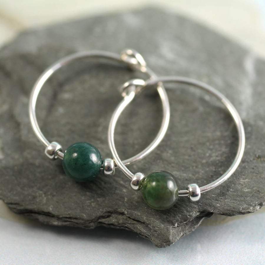 Silver Gem Hoops with Moss Agate Beads
