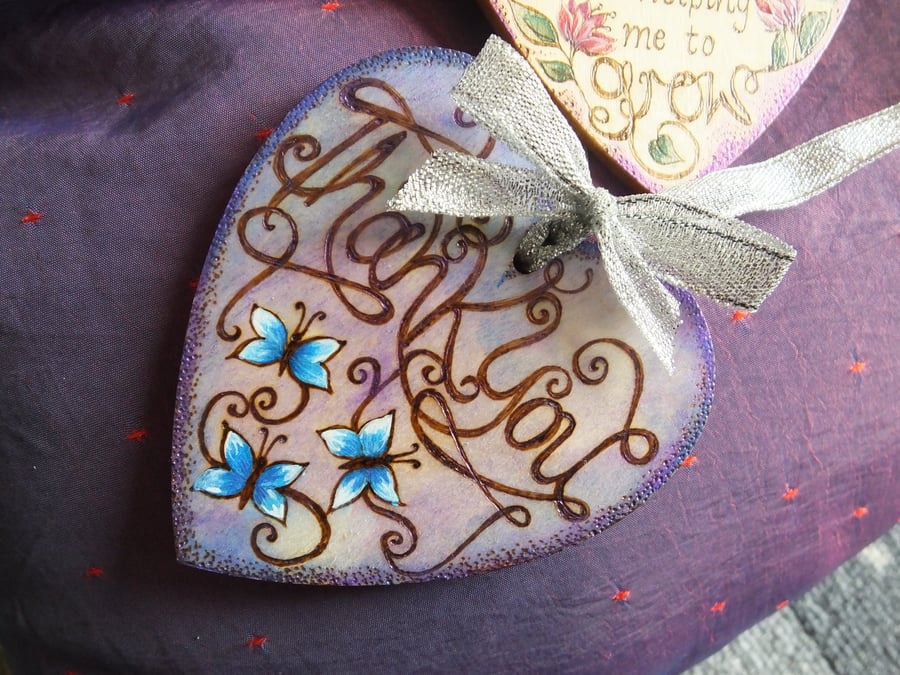 Thank you Blue Butterflies Personalised Wooden Pyrography Heart
