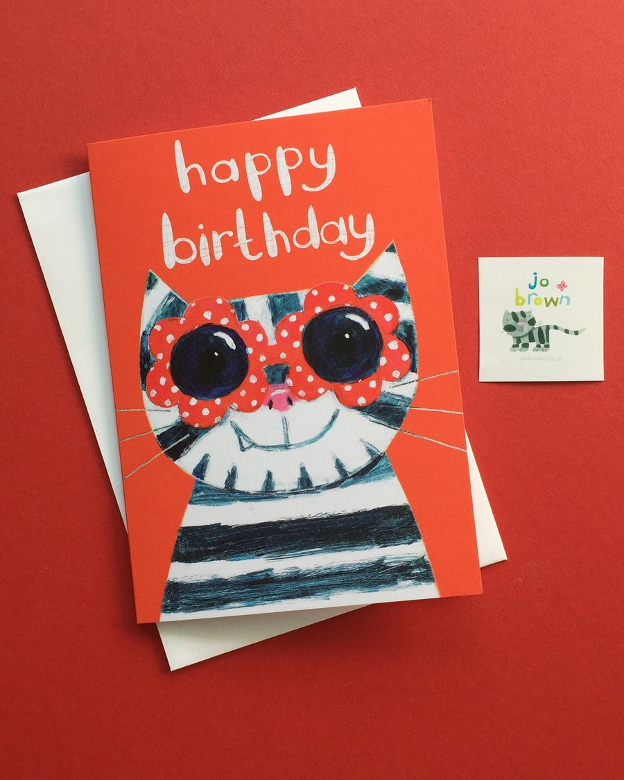 Sunglasses Cat card Deep Orange by Jo Brown Happy Birthday