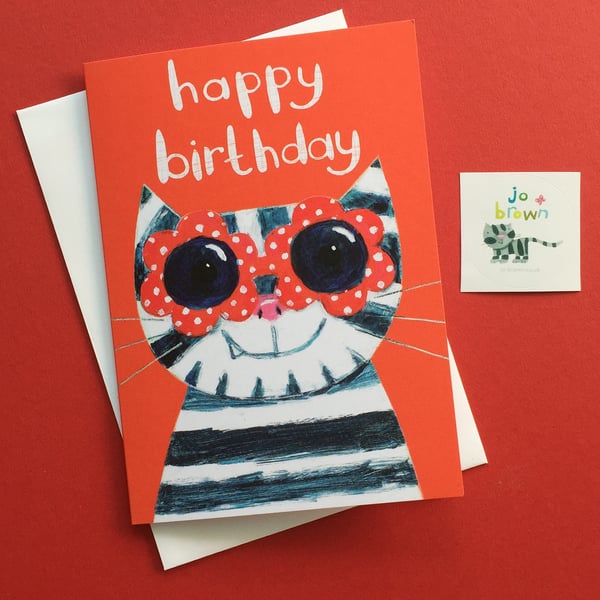 Sunglasses Cat card Deep Orange by Jo Brown Happy Birthday