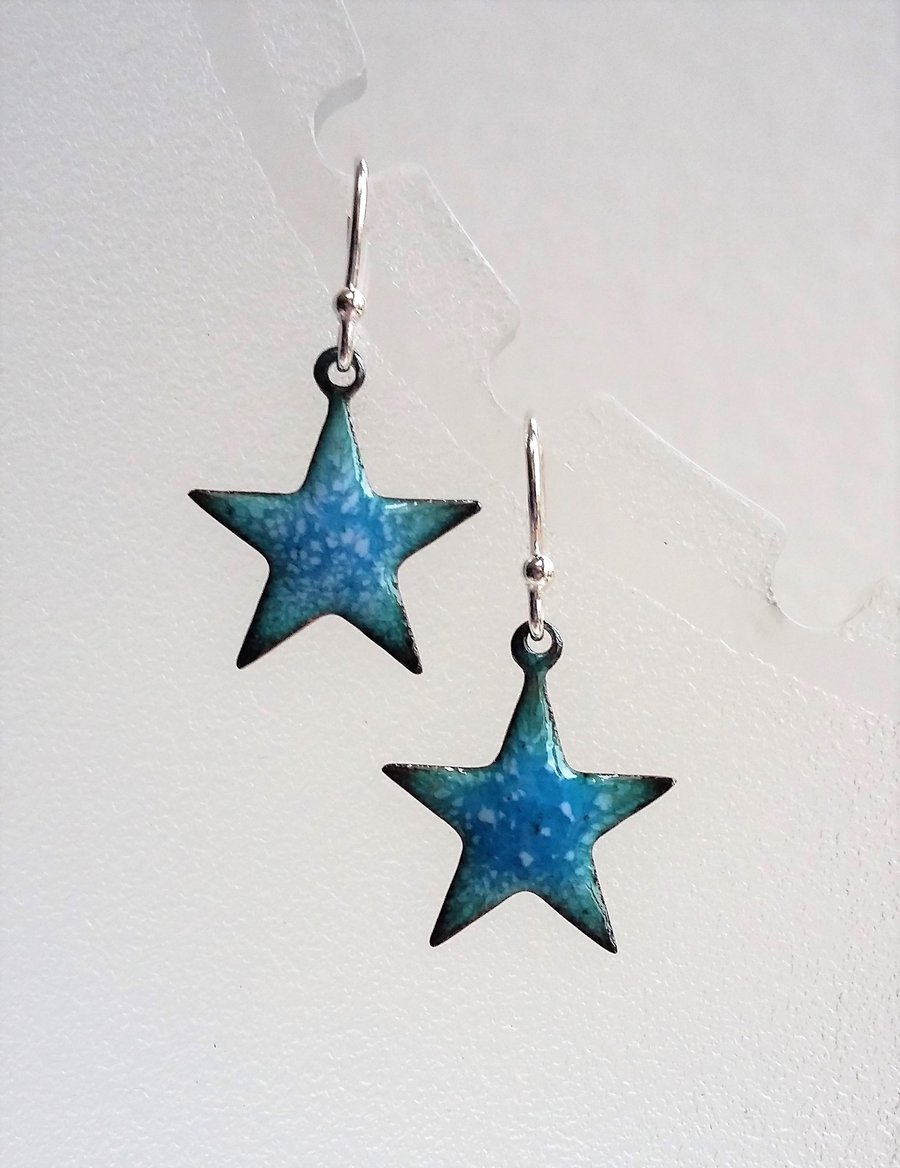 Star earrings in blue and turquoise enamelled copper 152