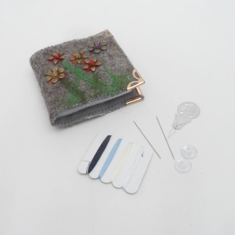 Grey felt beaded needle case complete with accessories