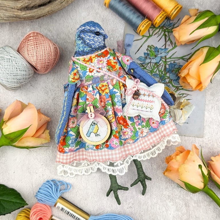 Spindle,  A  Tiny Hand Embroidered Blue Tit Folk Art Doll
