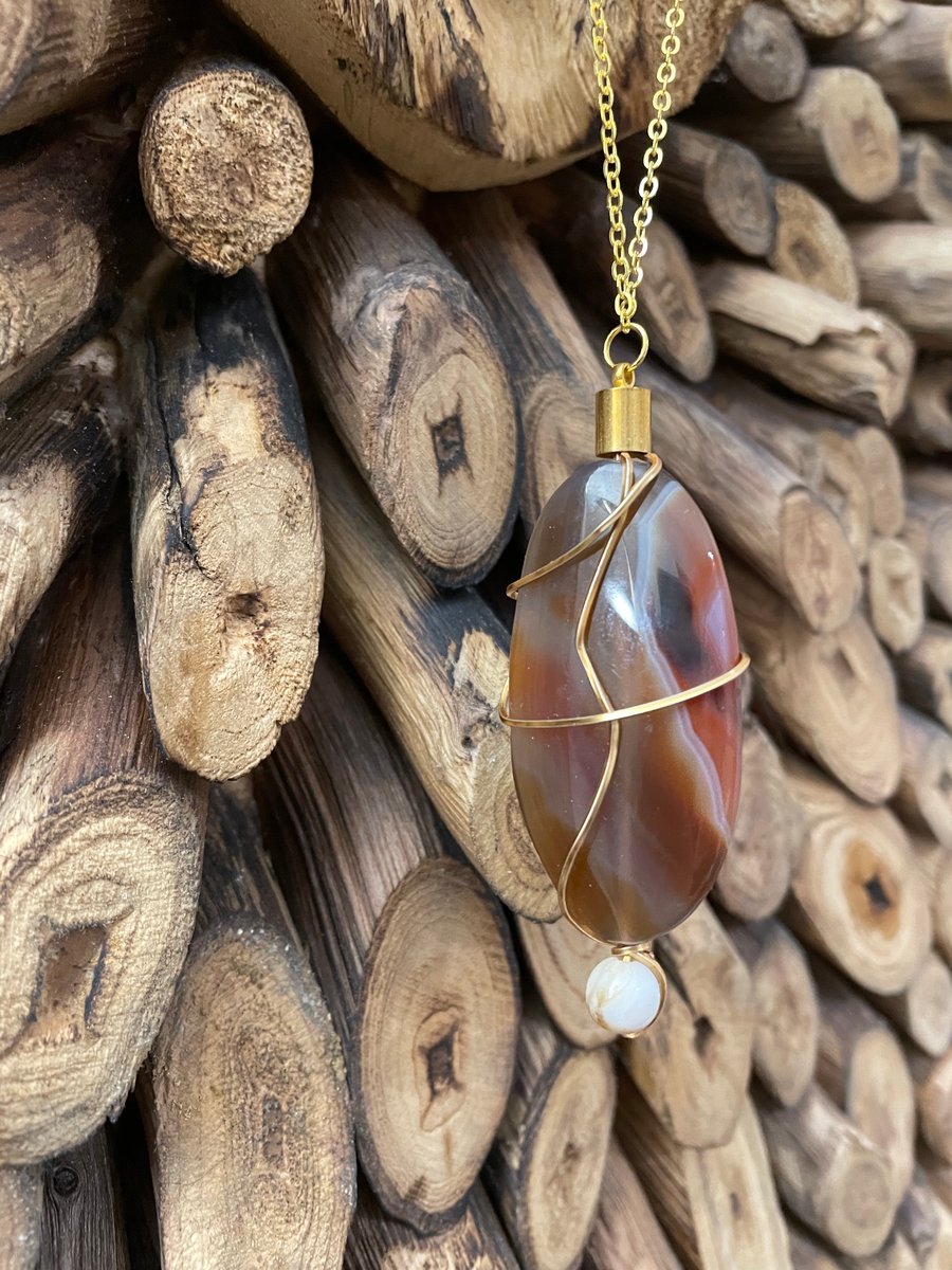 Wire Wrapped Carnelian Stone Pendant on long chain 