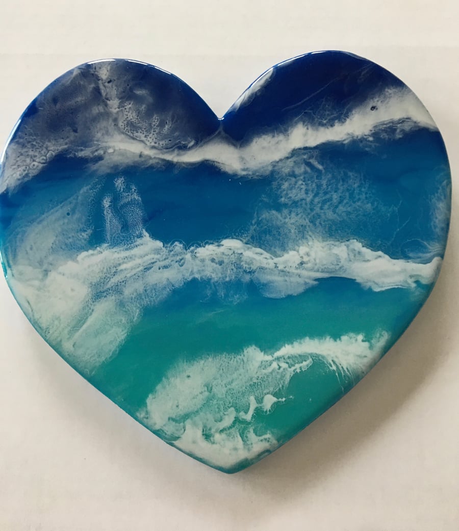 Playful waves. Sea  inspired, heart shaped, wall hanging, 8”,  resin art